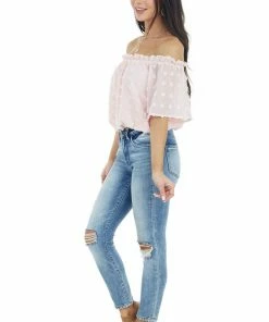 She + Sky Tops Blush Swiss Dot Off The Shoulder Crop Top With Elastic Hem