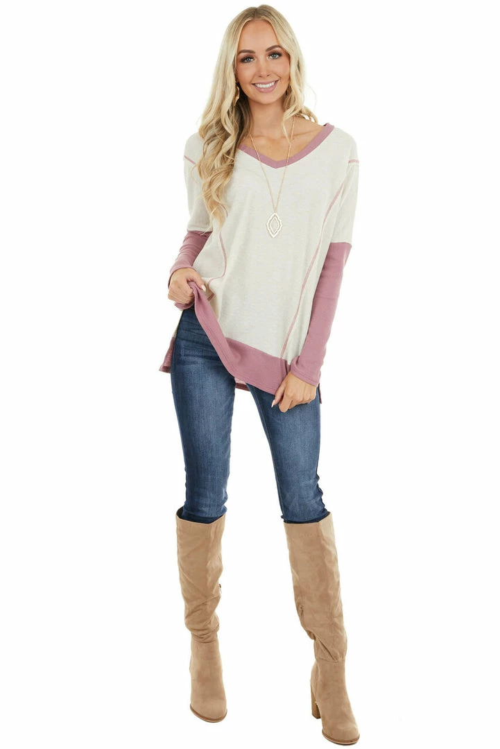 First Love Cream And Mauve Contrast Waffle Knit V Neck Top 18 First Love Cream And Mauve Contrast Waffle Knit V Neck Top