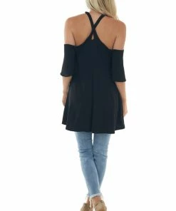 Fantastic Fawn Tops Black Flutter Sleeve Cold Shoulder Halter Top