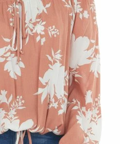 Ces Femme Coral Tropical Floral Print Off Shoulder Top Tops