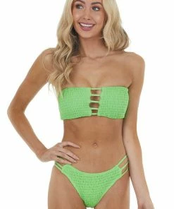 Envya Neon Lime Bandeau Smocked Bikini Set With Ladder Cut Outs 33 Envya Neon Lime Bandeau Smocked Bikini Set With Ladder Cut Outs