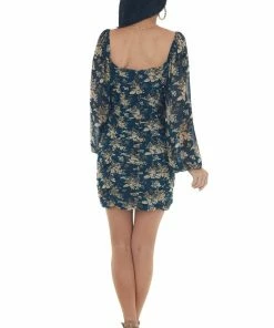 Lush Clothing Dresses Dark Pine Floral Print Ruched Short Dress