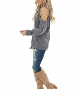 143 Story Heathered Charcoal Fleece Lined Hoodie With Cold Shoulder