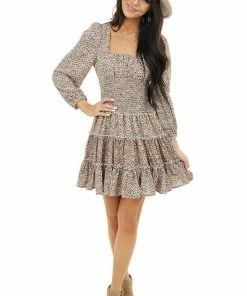 Bighit Fashion Pine Floral Print Ruffle Tiered Dress With Smocked Waist