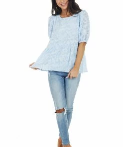 Staccato Tops Powder Blue Floral Lace Peplum Top With Short Puff Sleeves 29 Staccato Tops Powder Blue Floral Lace Peplum Top With Short Puff Sleeves