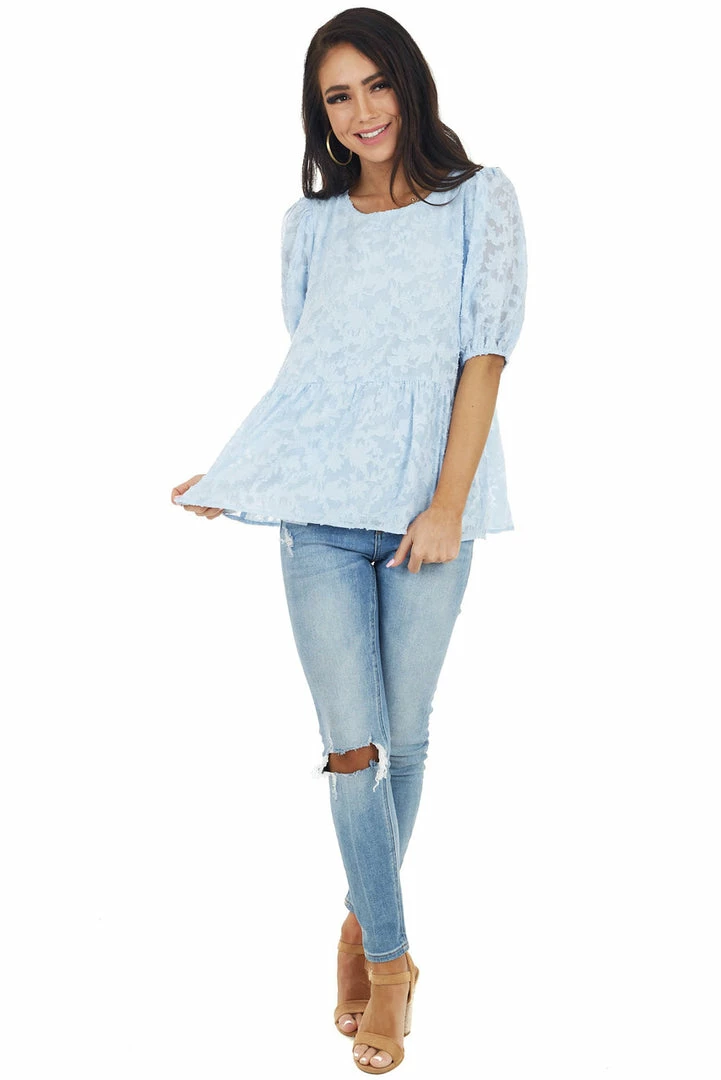 Staccato Tops Powder Blue Floral Lace Peplum Top With Short Puff Sleeves 14 Staccato Tops Powder Blue Floral Lace Peplum Top With Short Puff Sleeves