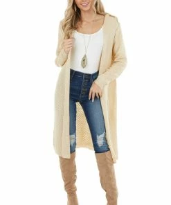 Cozy Casual Light Beige Textured Loose Knit Duster Cardigan With Hood Tops