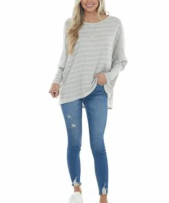 Andree Dove Grey Striped Two Toned Ribbed Knit Top Tops