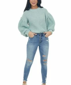 GeeGee Arctic Blue Puff Sleeve Thick Knit Sweater Tops