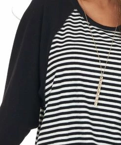 Cotton Bleu Tops Black And White Striped Soft Knit Top With Contrast Sleeves