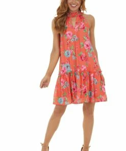 Peach Love Neon Orange Floral Print Sleeveless Mini Dress Dresses