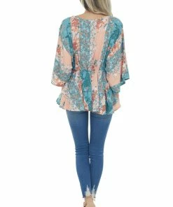 Andree Teal And Peach Floral Multiprint Peplum Top Tops