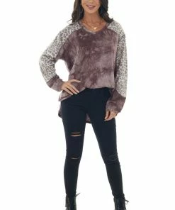 Easel Mauve Tie Dye And Animal Print Long Sleeve Top Tops