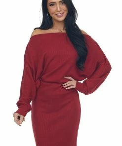 Lime Lush Cherry Ribbed Off Shoulder Dolman Sleeve Dress
