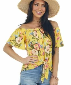 Haptics Canary Yellow Floral Print Off Shoulder Top