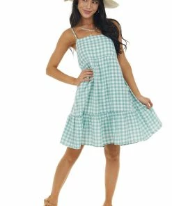 Entro Dresses Faded Juniper Gingham Sleeveless Short Dress
