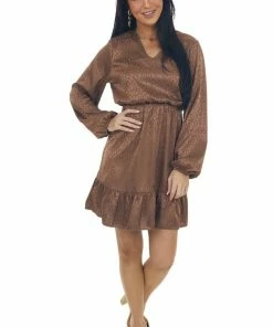 Now N Forever Cognac Textured Leopard Print Satin Dress Dresses