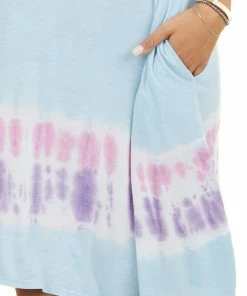 FSL APPAREL Dresses Baby Blue Tie Dye Short Sleeve Swing Knit Dress With Pockets