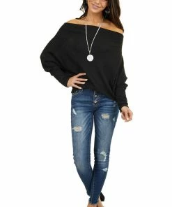 American Chic Black Soft Waffle Knit Off The Shoulder Long Sleeve Top 31 American Chic Black Soft Waffle Knit Off The Shoulder Long Sleeve Top