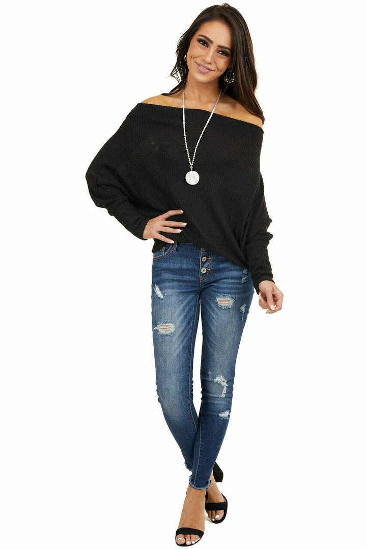 American Chic Black Soft Waffle Knit Off The Shoulder Long Sleeve Top 16 American Chic Black Soft Waffle Knit Off The Shoulder Long Sleeve Top