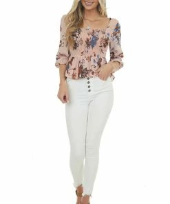 ANGIE Dusty Blush Floral Smocked Long Sleeve Blouse