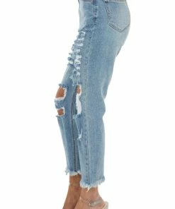 Cello Jeans Medium Wash Distressed High Rise Jeans With Frayed Detail