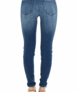 KanCan Dark Wash Mid Rise Distressed Plaid Patch Skinny Jeans Bottoms