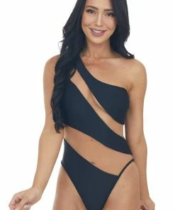 Stylish Swimwear Accessories Black And Nude Mesh One Shoulder Swimsuit