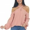 143 Story Hazy Coral Cold Shoulder Long Sleeve Top With Crossed Neck
