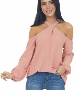 143 Story Hazy Coral Cold Shoulder Long Sleeve Top With Crossed Neck