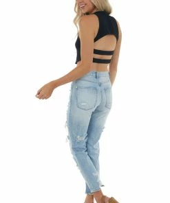 Peach Love Black Sleeveless Strappy Open Back Crop Top Tops