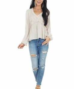 Peach Love Tops Oatmeal Long Puff Sleeve Babydoll Top With Ruffle Detail