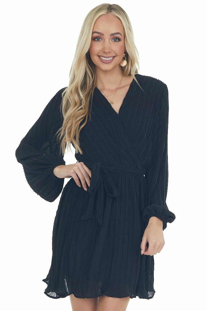 She + Sky Black Pleated Surplice Neck Waist Tie Dress 11 She + Sky Black Pleated Surplice Neck Waist Tie Dress