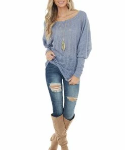 Peach Love Tops Slate Blue Loose Knit Off Shoulder Top With Dolman Sleeves