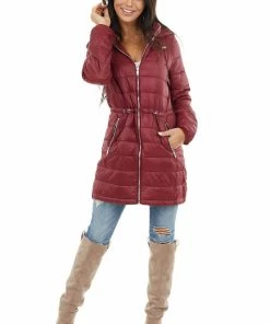 Style Melody Wine Zip Up Adjustable Puffer Coat With Removable Hood