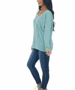143 Story Seafoam Striped U Neck Long Sleeve Knit Top Tops