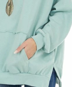 Blue Buttercup Sage Sweatshirt With Kangaroo Pocket And Side Slits Tops