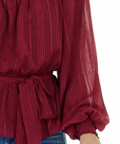 Flying Tomato Wine Stripe Textured Long Sleeve Peplum Blouse