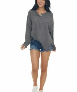 143 Story Tops Charcoal Snap Button Side Slit Waffle Knit Top
