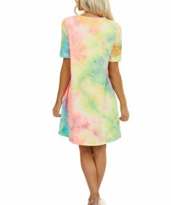 Lime 'N' Chili Multicolor Tie Dye Short Sleeve Dress With Side Pockets 29 Lime 'N' Chili Multicolor Tie Dye Short Sleeve Dress With Side Pockets