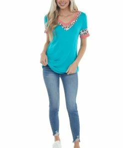 Lovely Melody Bright Teal Ringer V Neck Top With Leopard Print Contrast Tops 28 Lovely Melody Bright Teal Ringer V Neck Top With Leopard Print Contrast Tops