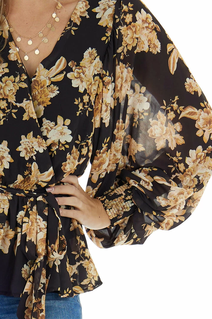 Flying Tomato Tops Black Floral Surplice Top With Bubble Sleeves 10 Flying Tomato Tops Black Floral Surplice Top With Bubble Sleeves