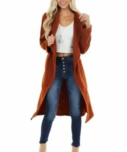 Hem & Thread Brick Red Heavy Knit Trench Coat With Waist Tie Detail Outerwear