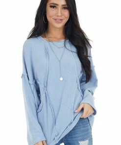BucketList Tops Powder Blue French Terry Knit Top With Raw Edge Details