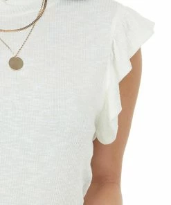 Charlotte Avery Ivory Short Ruffle Sleeve Ribbed Knit Top Tops