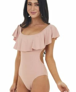 Envya Accessories Blush Off Shoulder One Piece Swimsuit With Ruffle Detail