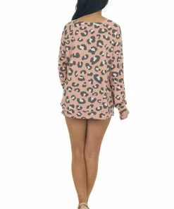 BiBi Tops Salmon Leopard Long Sleeve Boat Neck Knit Top