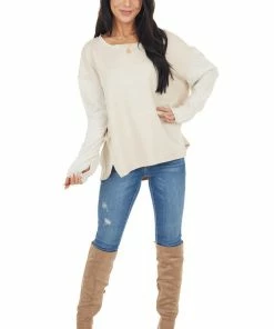 Umgee Tops Oatmeal Contrasting Long Sleeve Top With Side Slit Detail