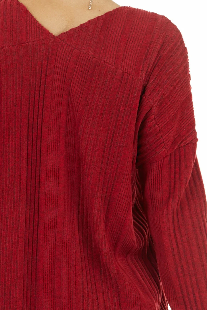 143 Story Tops Maroon Long Sleeve Wide Neck Knit Top With Ribbed Detail 16 143 Story Tops Maroon Long Sleeve Wide Neck Knit Top With Ribbed Detail