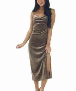 She + Sky Taupe Cowl Neck Sleeveless Velvet Midi Dress Dresses